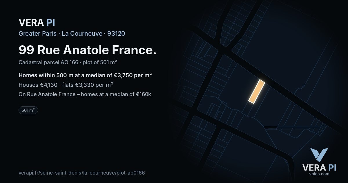 99 Rue Anatole France, La Courneuve at night – the plot lit, the parcels around coloured by the prices near them