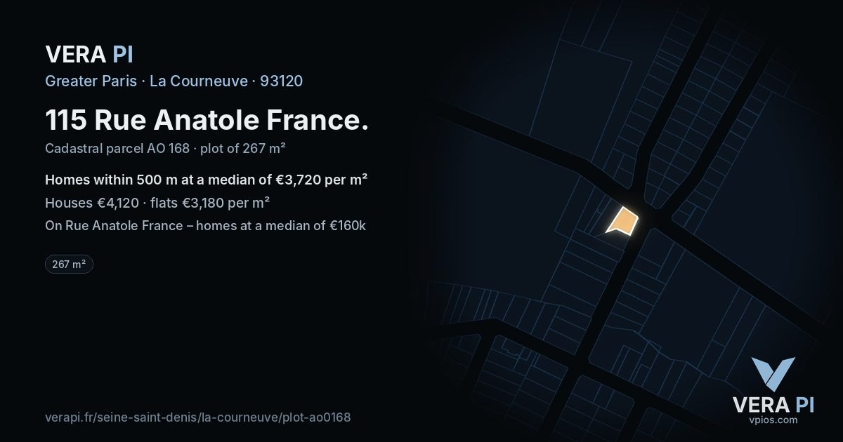 115 Rue Anatole France, La Courneuve at night – the plot lit, the parcels around coloured by the prices near them