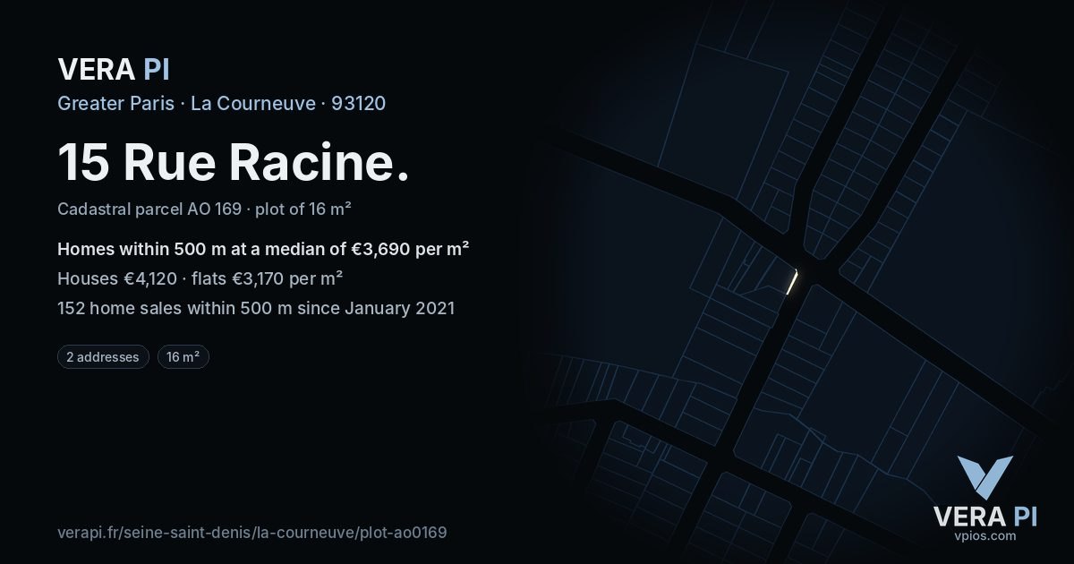 15 Rue Racine, La Courneuve at night – the plot lit, the parcels around coloured by the prices near them