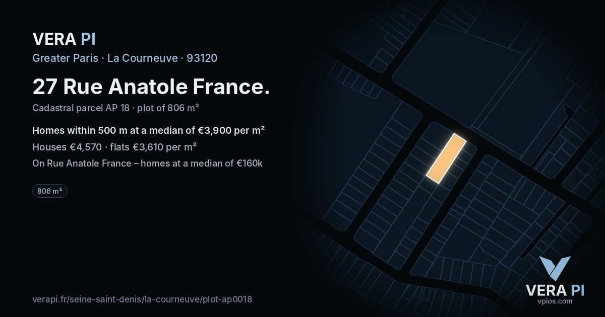 27 Rue Anatole France, La Courneuve at night – the plot lit, the parcels around coloured by the prices near them
