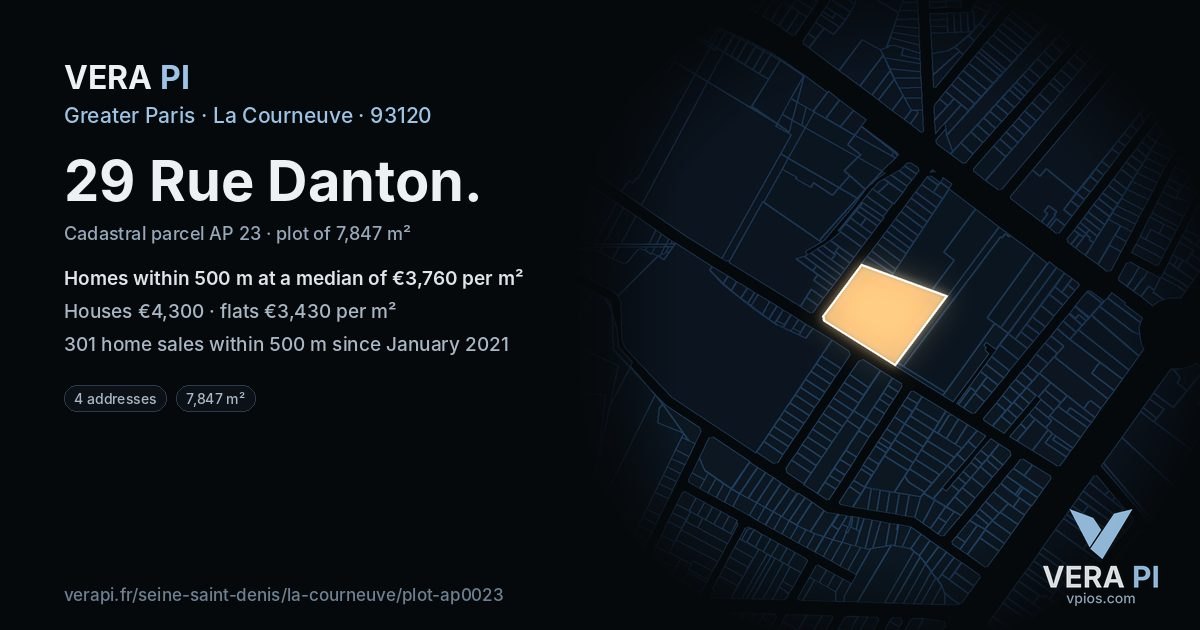 29 Rue Danton, La Courneuve at night – the plot lit, the parcels around coloured by the prices near them