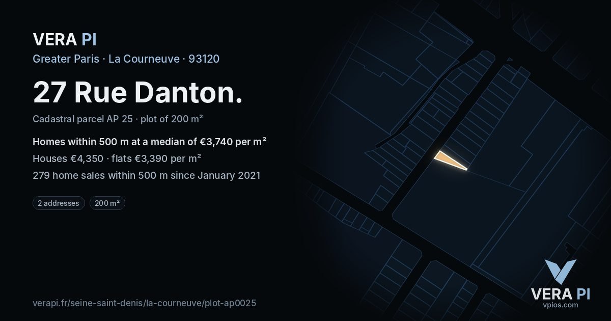 27 Rue Danton, La Courneuve at night – the plot lit, the parcels around coloured by the prices near them