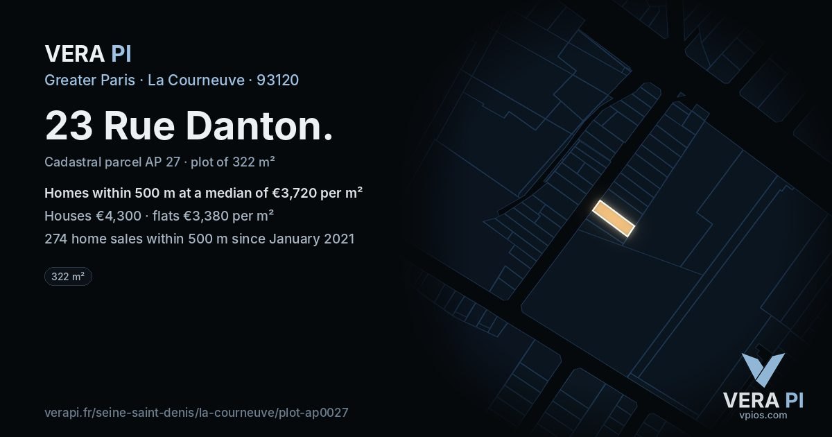 23 Rue Danton, La Courneuve at night – the plot lit, the parcels around coloured by the prices near them