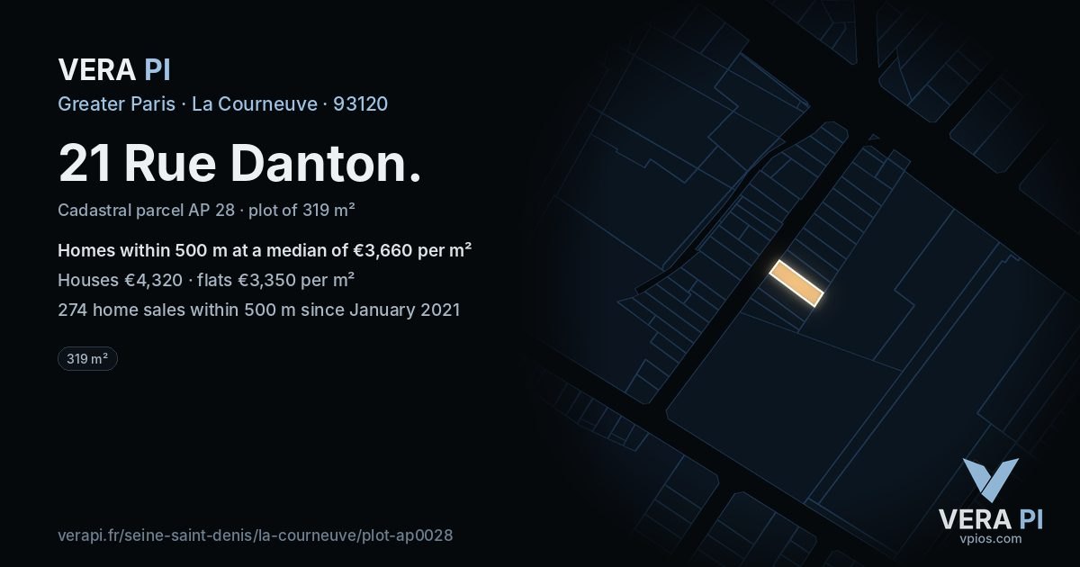 21 Rue Danton, La Courneuve at night – the plot lit, the parcels around coloured by the prices near them