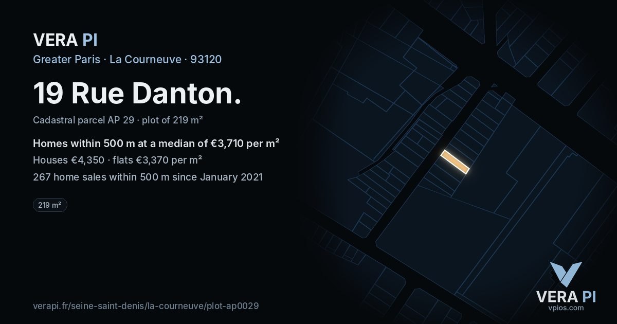 19 Rue Danton, La Courneuve at night – the plot lit, the parcels around coloured by the prices near them