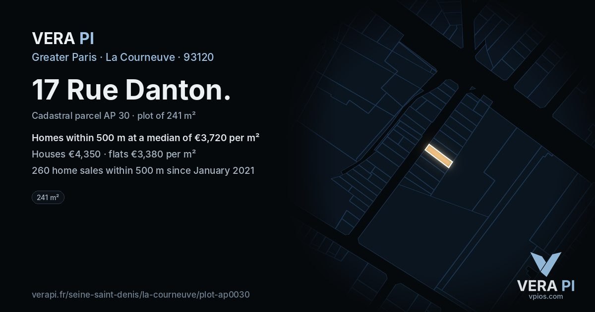 17 Rue Danton, La Courneuve at night – the plot lit, the parcels around coloured by the prices near them