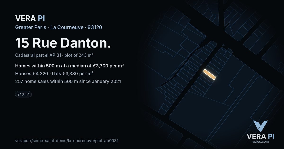 15 Rue Danton, La Courneuve at night – the plot lit, the parcels around coloured by the prices near them