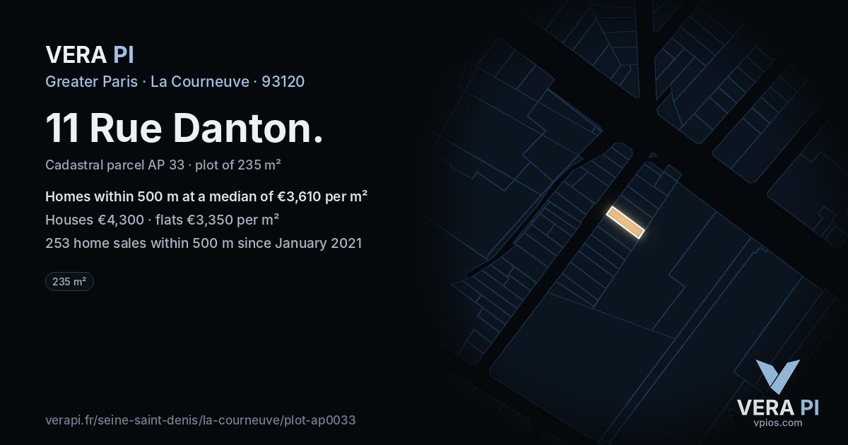 11 Rue Danton, La Courneuve at night – the plot lit, the parcels around coloured by the prices near them