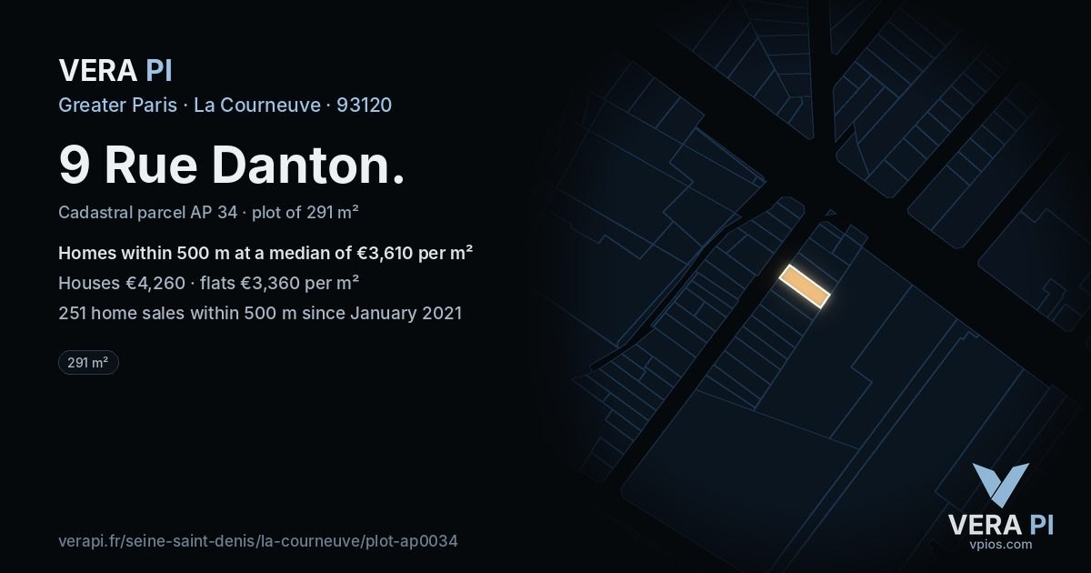9 Rue Danton, La Courneuve at night – the plot lit, the parcels around coloured by the prices near them