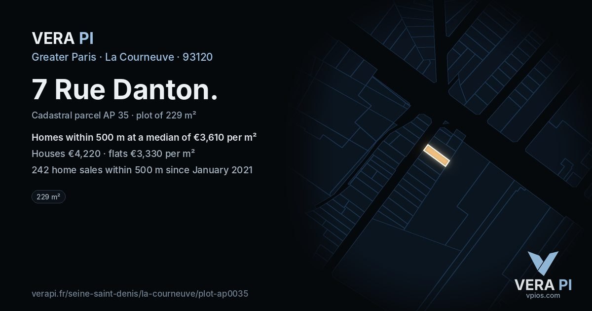 7 Rue Danton, La Courneuve at night – the plot lit, the parcels around coloured by the prices near them