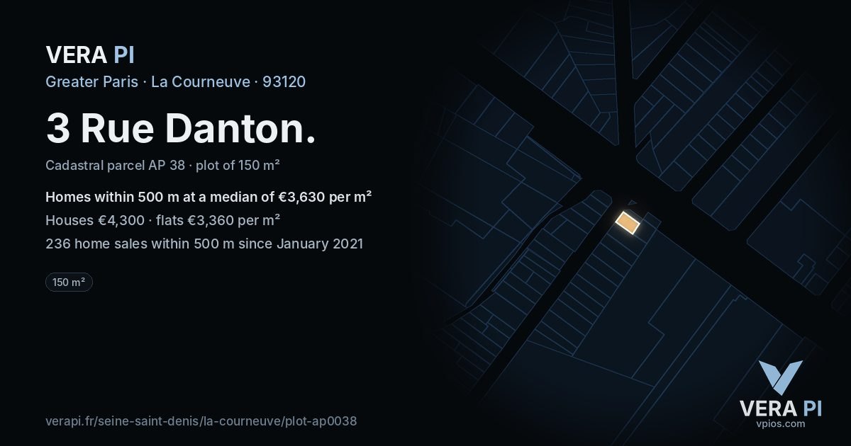 3 Rue Danton, La Courneuve at night – the plot lit, the parcels around coloured by the prices near them
