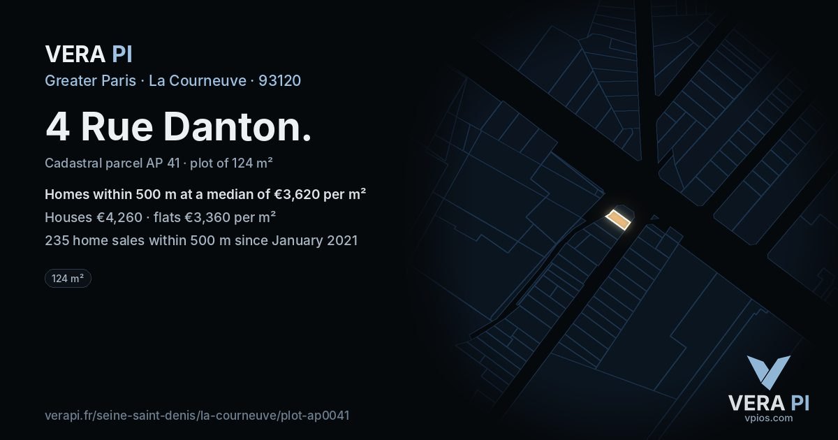 4 Rue Danton, La Courneuve at night – the plot lit, the parcels around coloured by the prices near them
