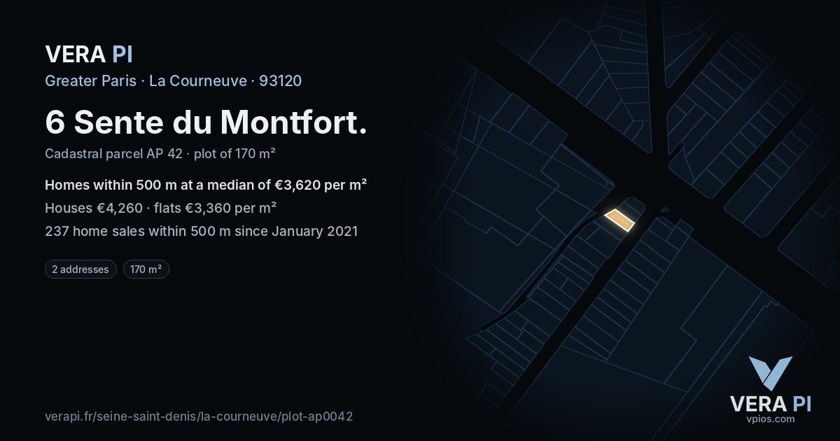 6 Sente du Montfort, La Courneuve at night – the plot lit, the parcels around coloured by the prices near them