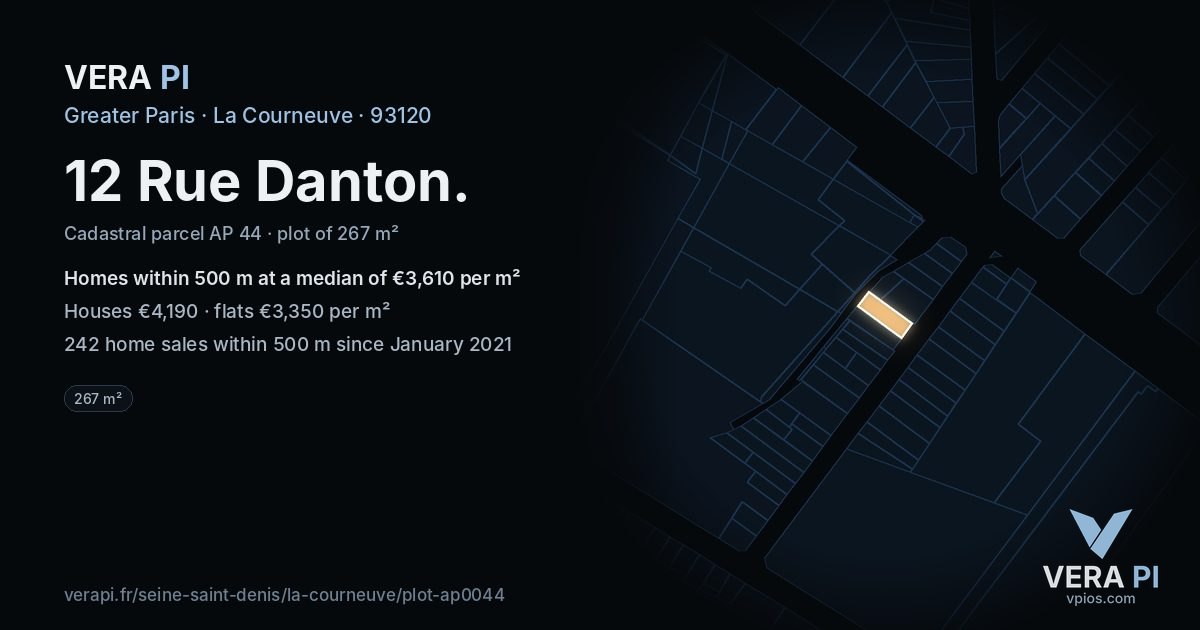 12 Rue Danton, La Courneuve at night – the plot lit, the parcels around coloured by the prices near them
