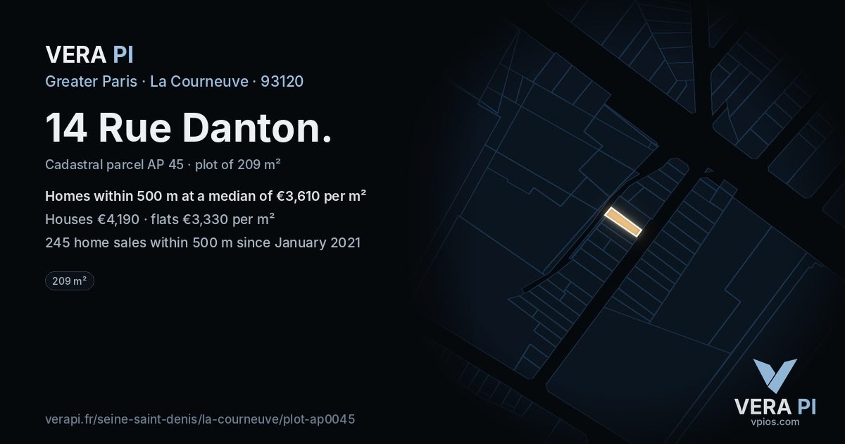 14 Rue Danton, La Courneuve at night – the plot lit, the parcels around coloured by the prices near them