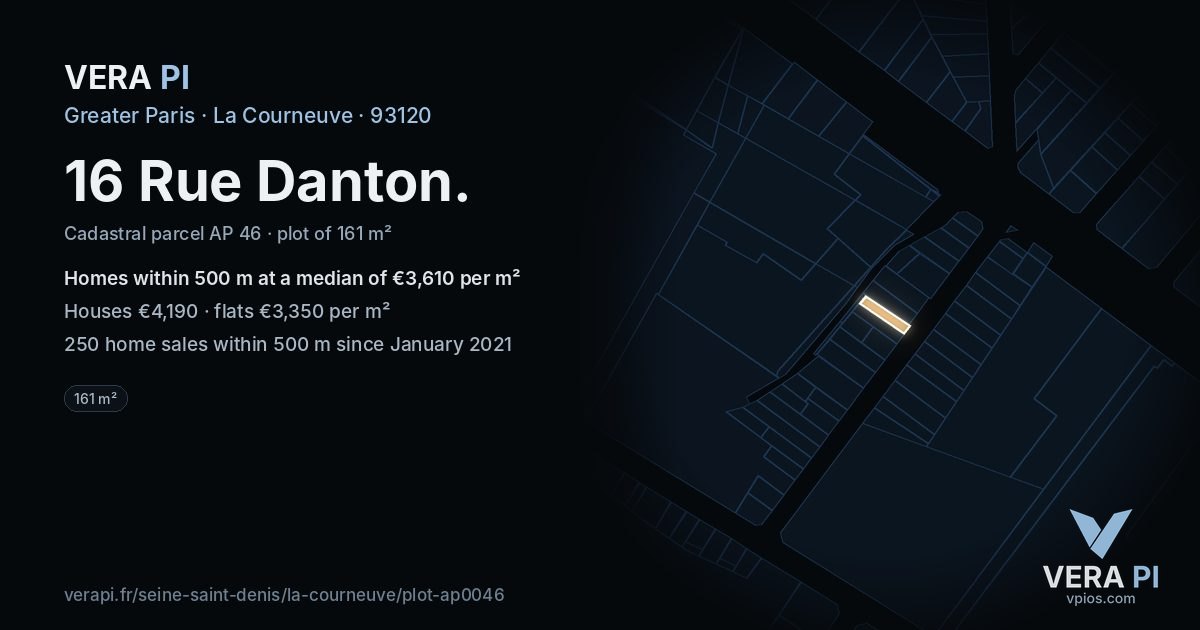 16 Rue Danton, La Courneuve at night – the plot lit, the parcels around coloured by the prices near them
