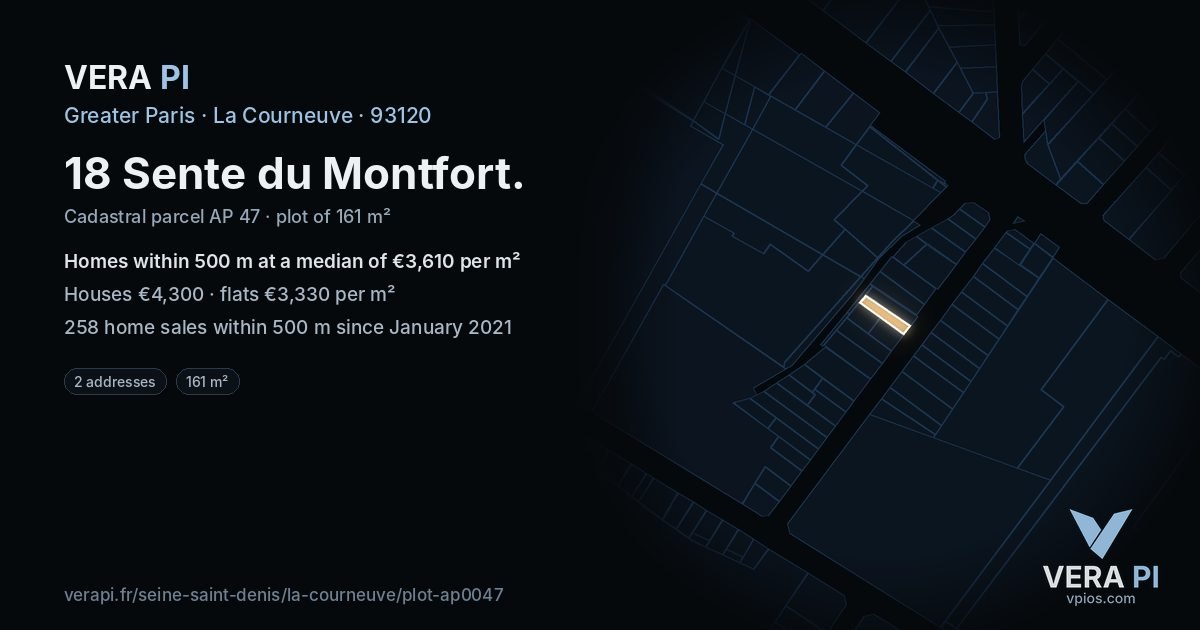 18 Sente du Montfort, La Courneuve at night – the plot lit, the parcels around coloured by the prices near them