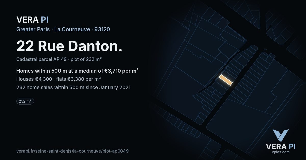 22 Rue Danton, La Courneuve at night – the plot lit, the parcels around coloured by the prices near them