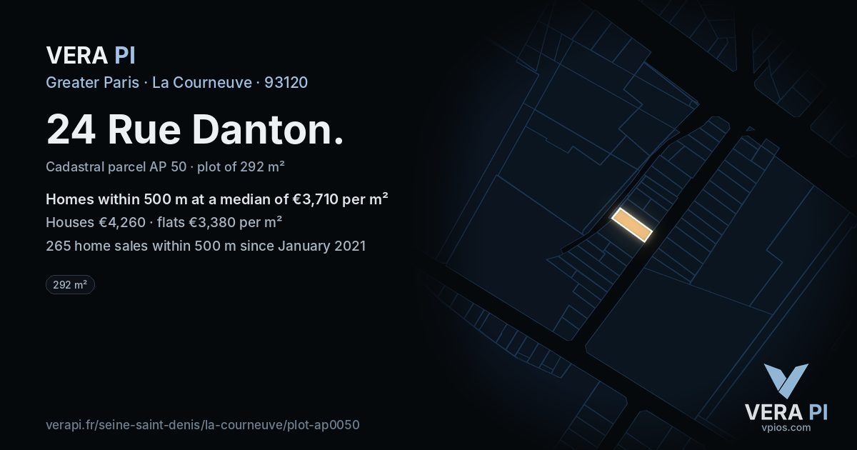 24 Rue Danton, La Courneuve at night – the plot lit, the parcels around coloured by the prices near them