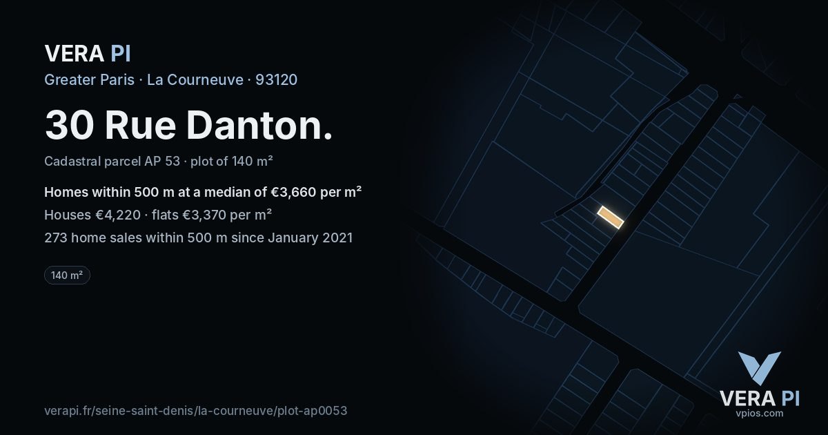 30 Rue Danton, La Courneuve at night – the plot lit, the parcels around coloured by the prices near them