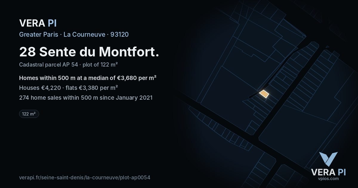 28 Sente du Montfort, La Courneuve at night – the plot lit, the parcels around coloured by the prices near them