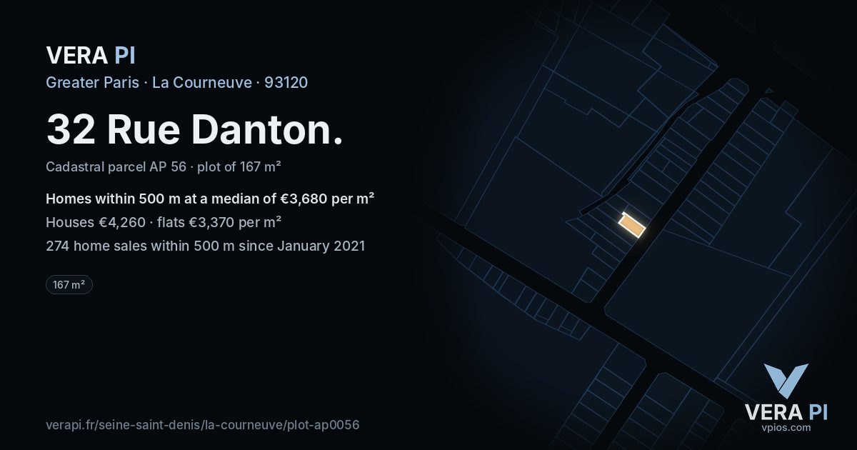 32 Rue Danton, La Courneuve at night – the plot lit, the parcels around coloured by the prices near them