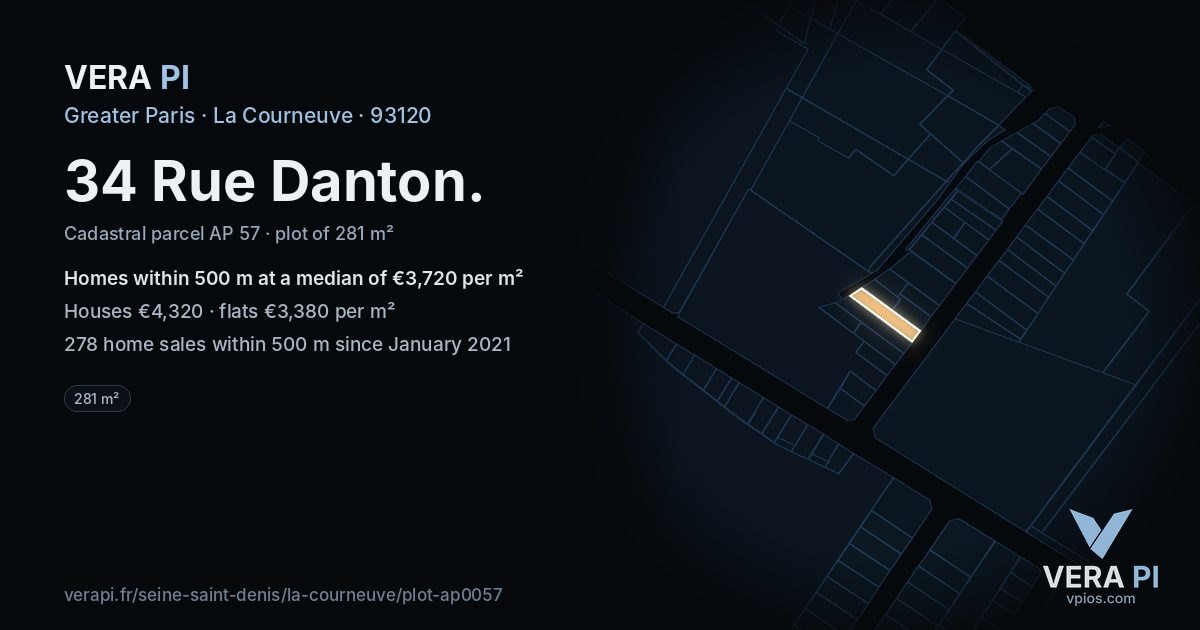 34 Rue Danton, La Courneuve at night – the plot lit, the parcels around coloured by the prices near them