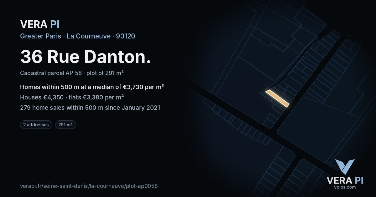 36 Rue Danton, La Courneuve at night – the plot lit, the parcels around coloured by the prices near them