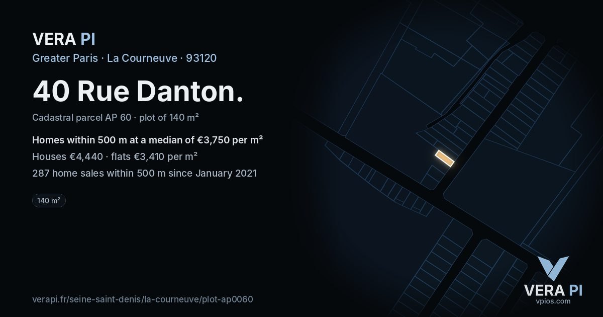 40 Rue Danton, La Courneuve at night – the plot lit, the parcels around coloured by the prices near them
