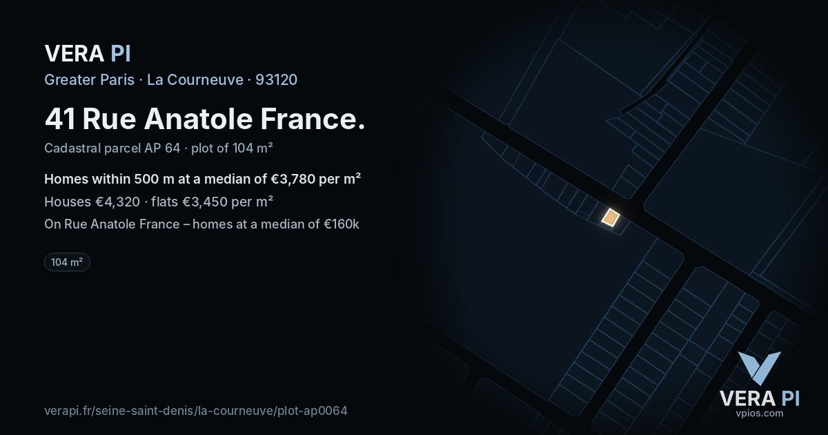 41 Rue Anatole France, La Courneuve at night – the plot lit, the parcels around coloured by the prices near them