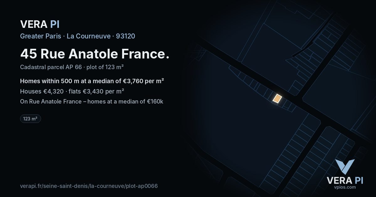 45 Rue Anatole France, La Courneuve at night – the plot lit, the parcels around coloured by the prices near them