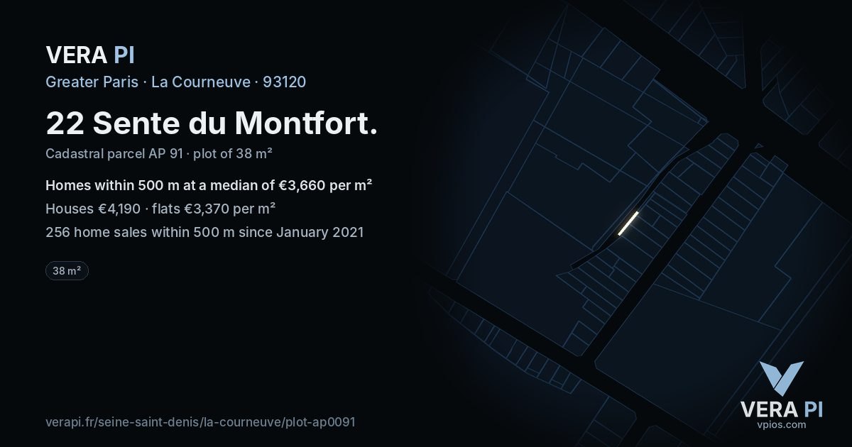 22 Sente du Montfort, La Courneuve at night – the plot lit, the parcels around coloured by the prices near them