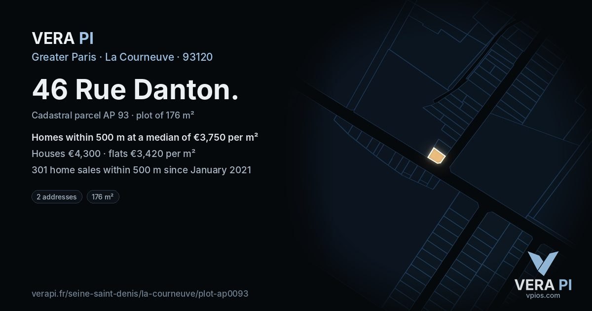 46 Rue Danton, La Courneuve at night – the plot lit, the parcels around coloured by the prices near them