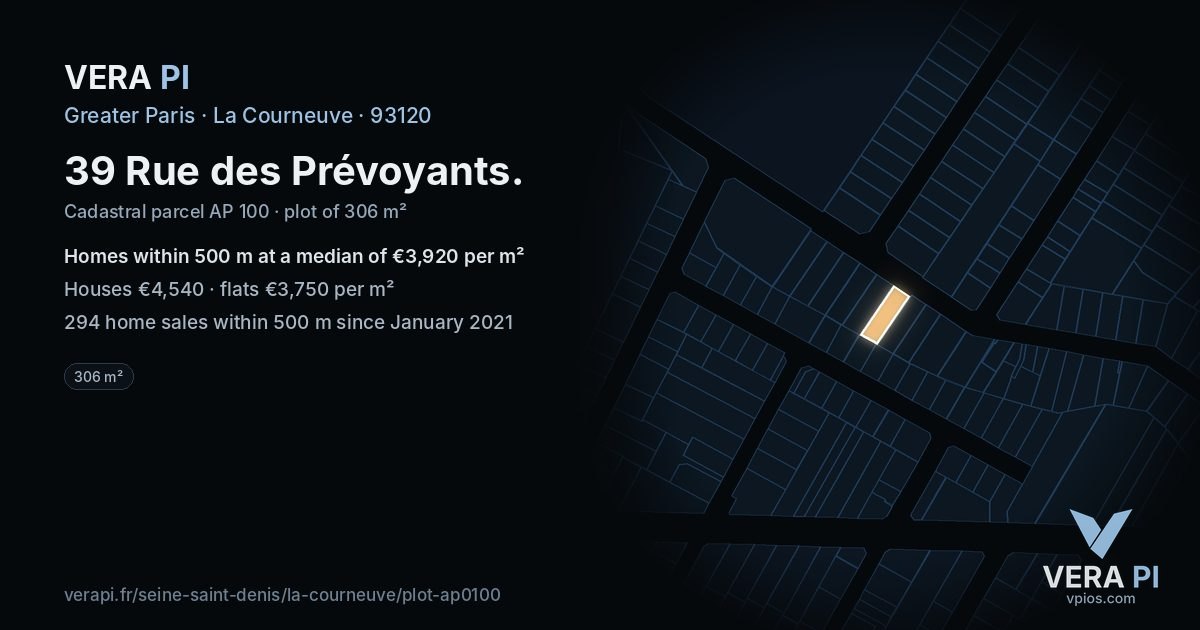 39 Rue des Prévoyants, La Courneuve at night – the plot lit, the parcels around coloured by the prices near them
