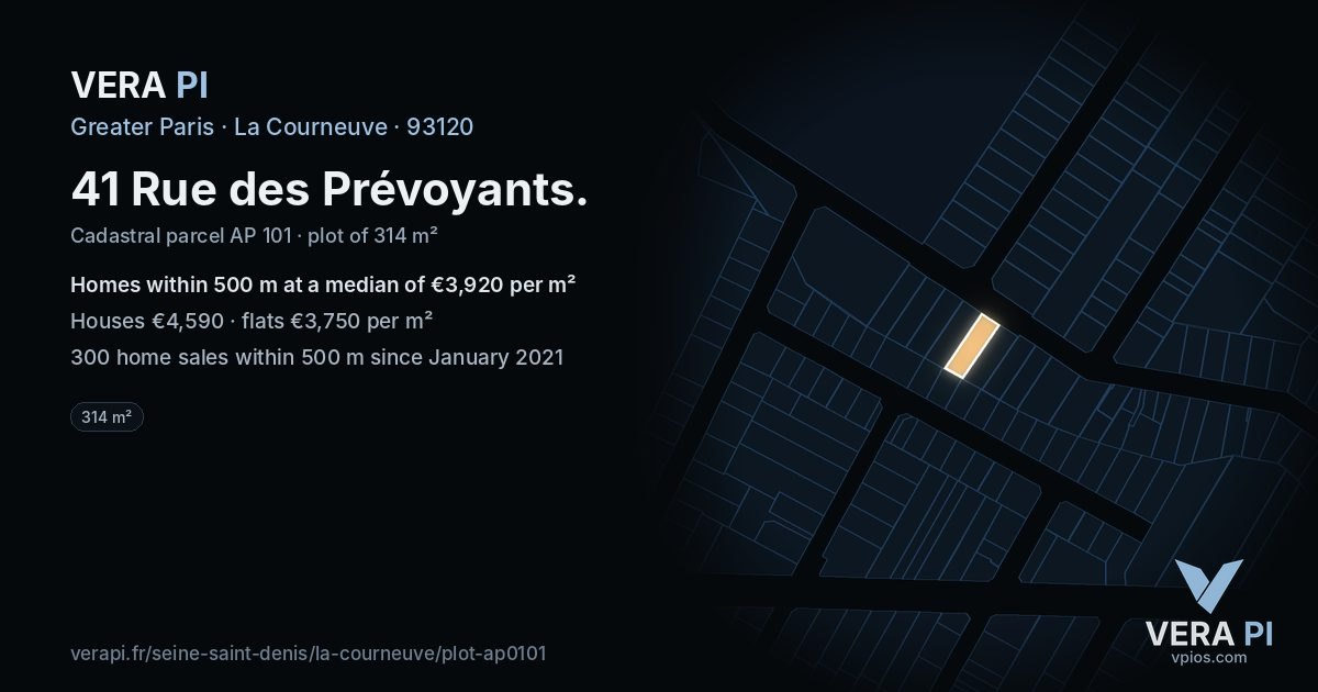 41 Rue des Prévoyants, La Courneuve at night – the plot lit, the parcels around coloured by the prices near them