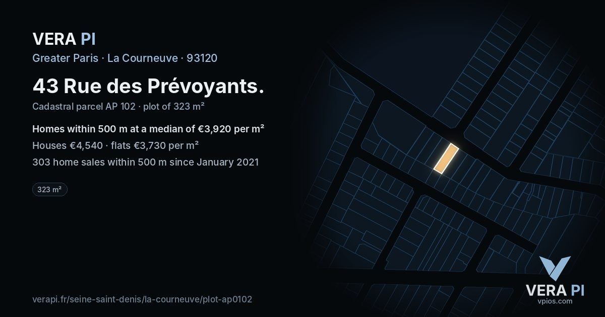 43 Rue des Prévoyants, La Courneuve at night – the plot lit, the parcels around coloured by the prices near them
