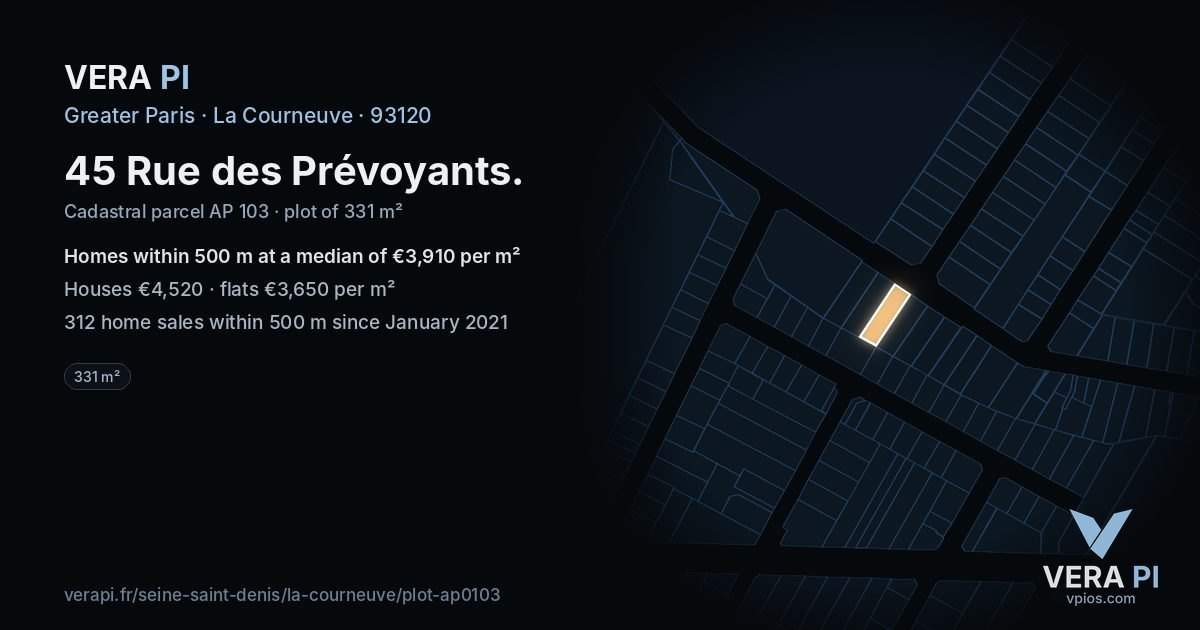 45 Rue des Prévoyants, La Courneuve at night – the plot lit, the parcels around coloured by the prices near them