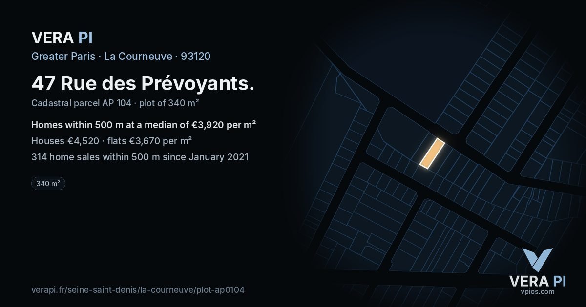 47 Rue des Prévoyants, La Courneuve at night – the plot lit, the parcels around coloured by the prices near them