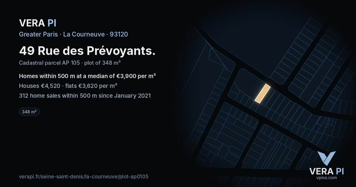 49 Rue des Prévoyants, La Courneuve at night – the plot lit, the parcels around coloured by the prices near them