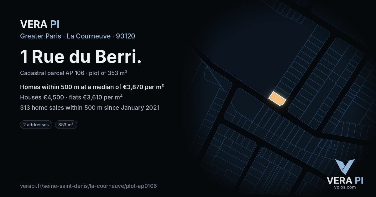 1 Rue du Berri, La Courneuve at night – the plot lit, the parcels around coloured by the prices near them