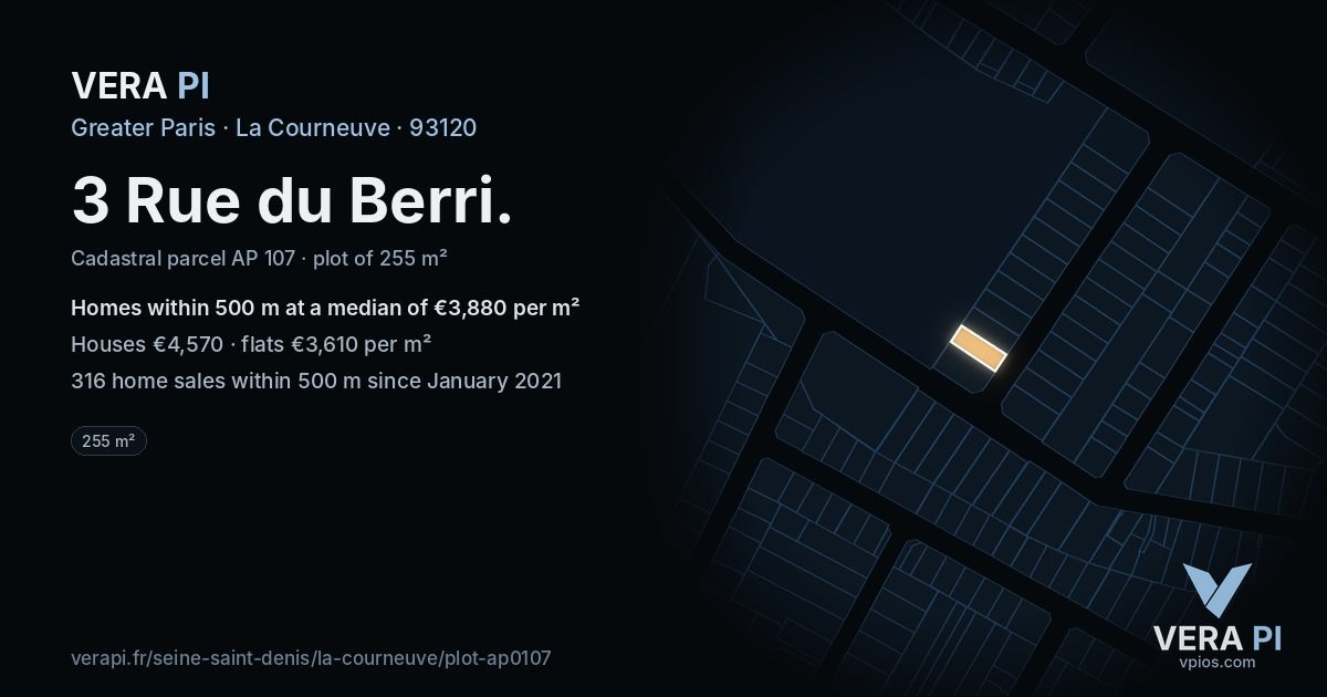 3 Rue du Berri, La Courneuve at night – the plot lit, the parcels around coloured by the prices near them