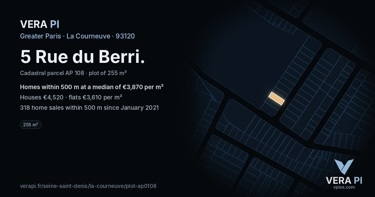 5 Rue du Berri, La Courneuve at night – the plot lit, the parcels around coloured by the prices near them