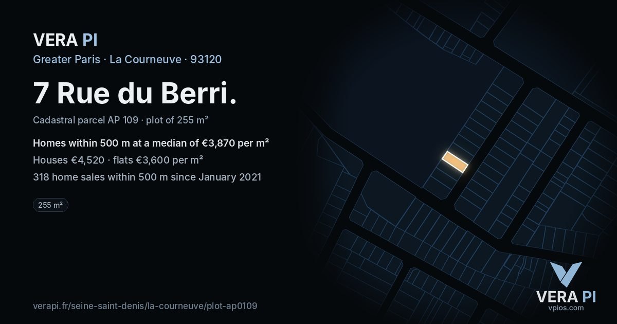7 Rue du Berri, La Courneuve at night – the plot lit, the parcels around coloured by the prices near them