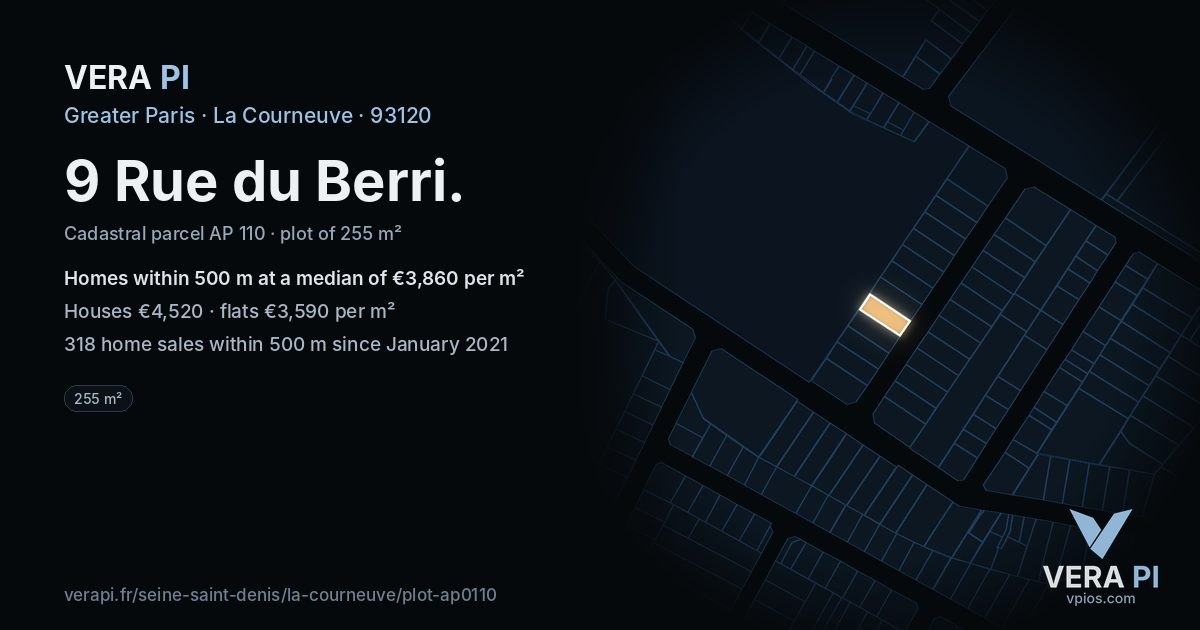 9 Rue du Berri, La Courneuve at night – the plot lit, the parcels around coloured by the prices near them