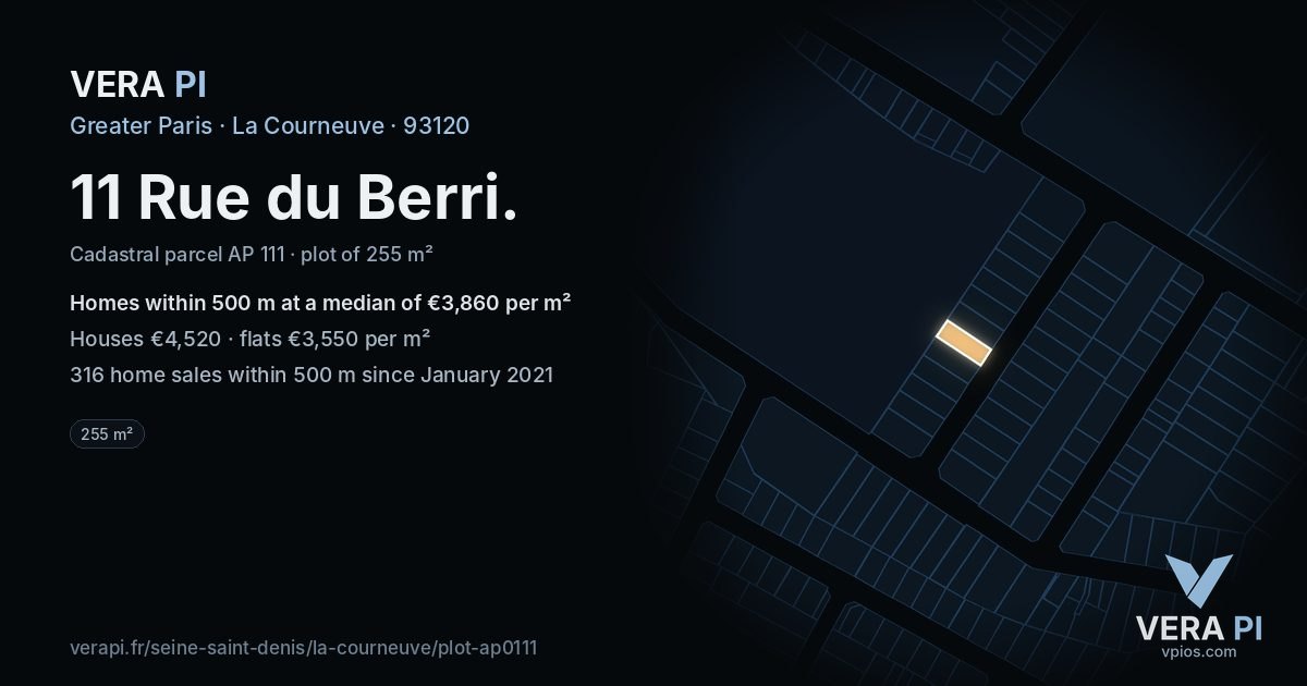 11 Rue du Berri, La Courneuve at night – the plot lit, the parcels around coloured by the prices near them