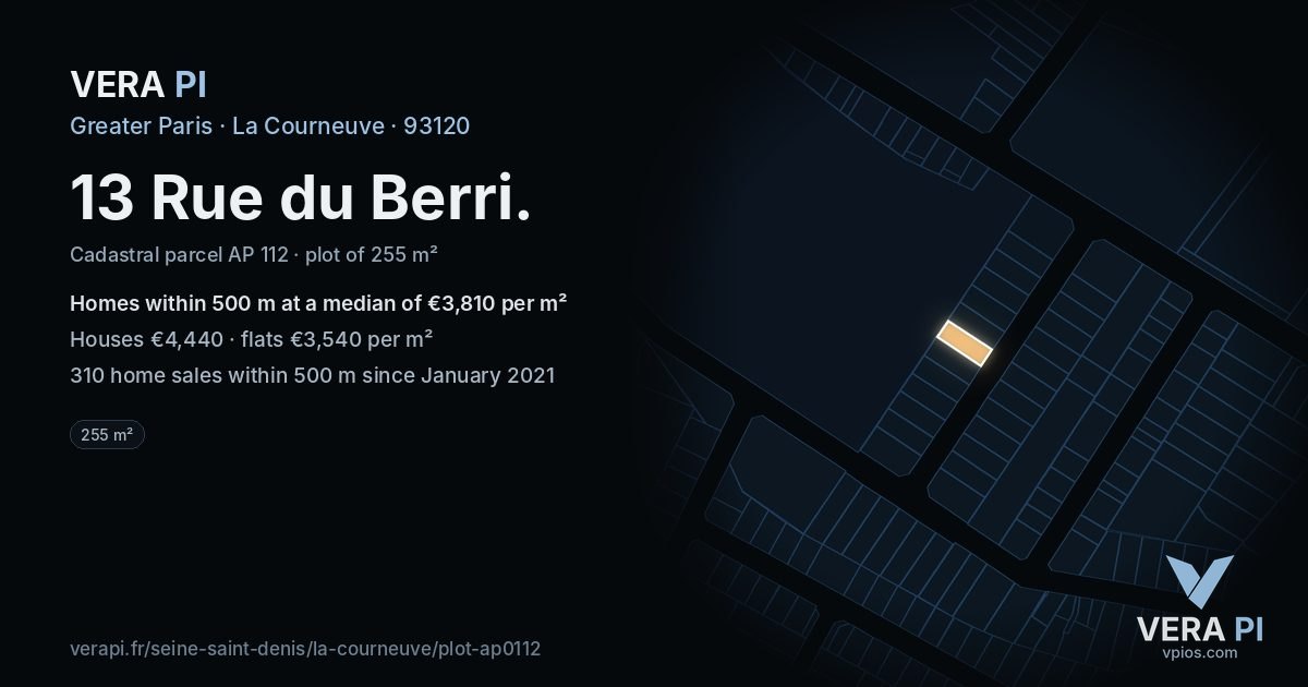 13 Rue du Berri, La Courneuve at night – the plot lit, the parcels around coloured by the prices near them