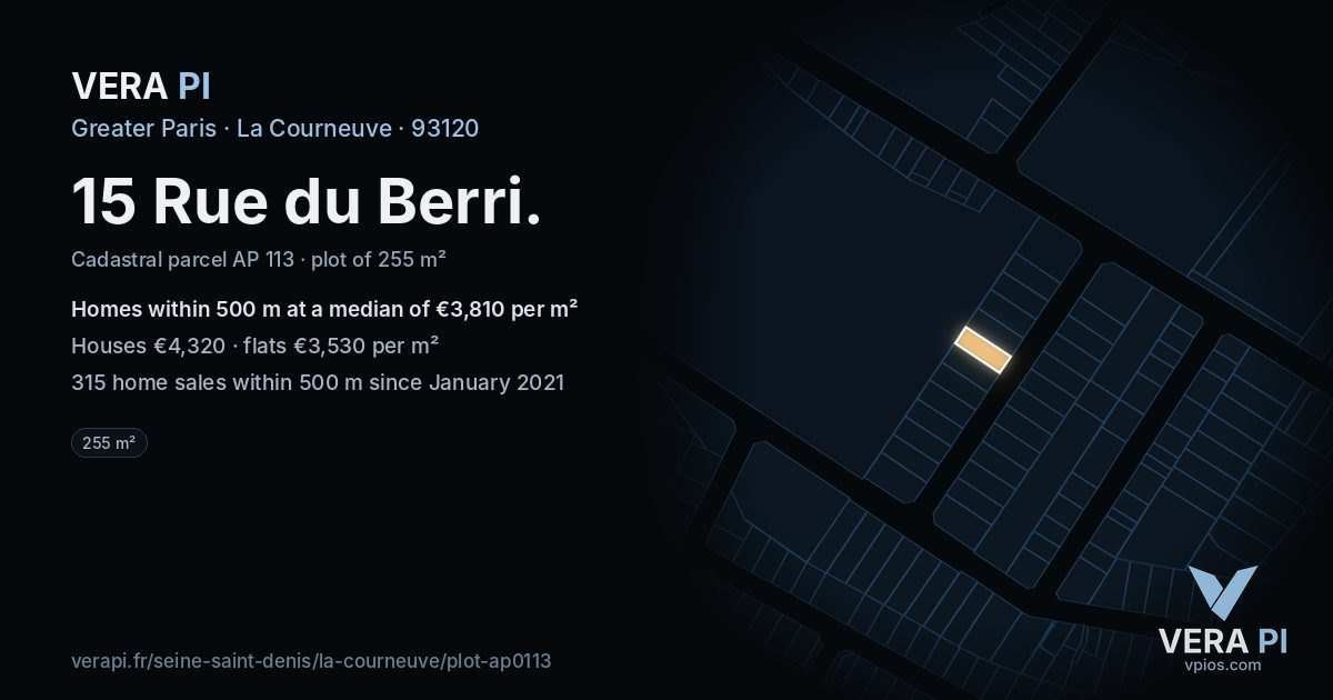 15 Rue du Berri, La Courneuve at night – the plot lit, the parcels around coloured by the prices near them