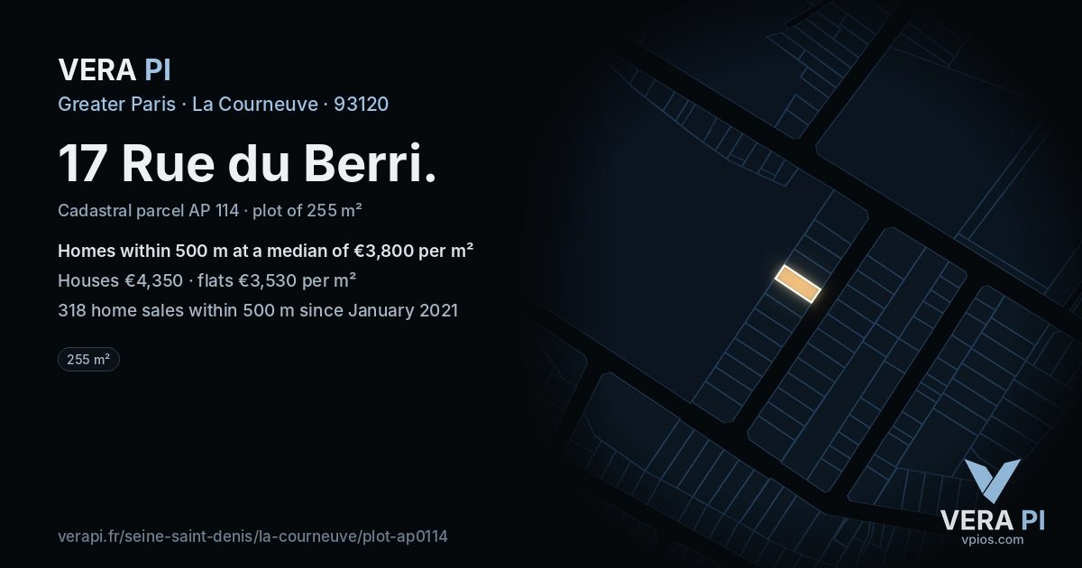 17 Rue du Berri, La Courneuve at night – the plot lit, the parcels around coloured by the prices near them