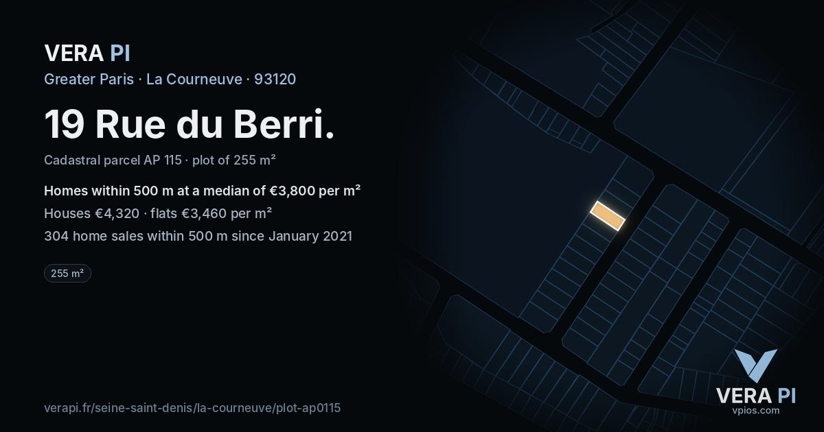 19 Rue du Berri, La Courneuve at night – the plot lit, the parcels around coloured by the prices near them