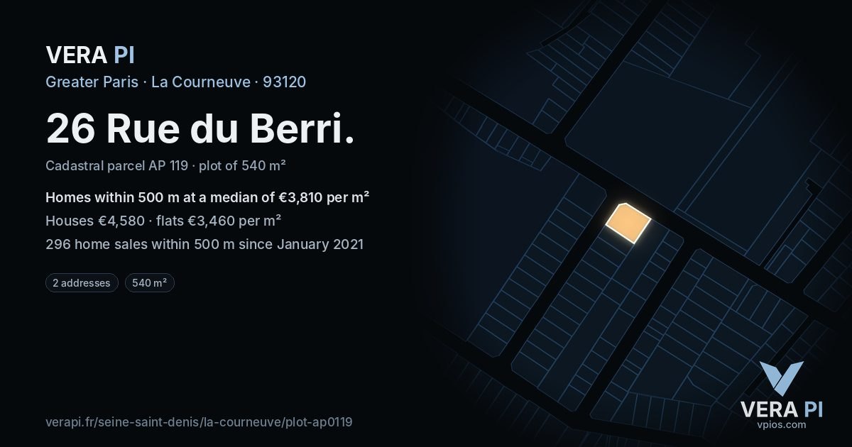 26 Rue du Berri, La Courneuve at night – the plot lit, the parcels around coloured by the prices near them